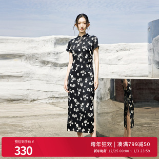 连衣裙1242N39YT3 黑白暗影飞花旗袍式 婉甸2025夏季 新品