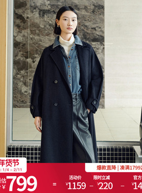 婉甸2025年冬季新品黑色双面呢中长款保暖大衣毛呢外套1244C06DM2