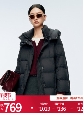 婉甸2025年冬季新品黑色通勤中长款连帽羽绒服女1244D19GS3