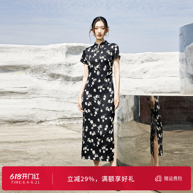 婉甸夏季黑白暗影飞花旗袍式连衣裙1242N39YT3