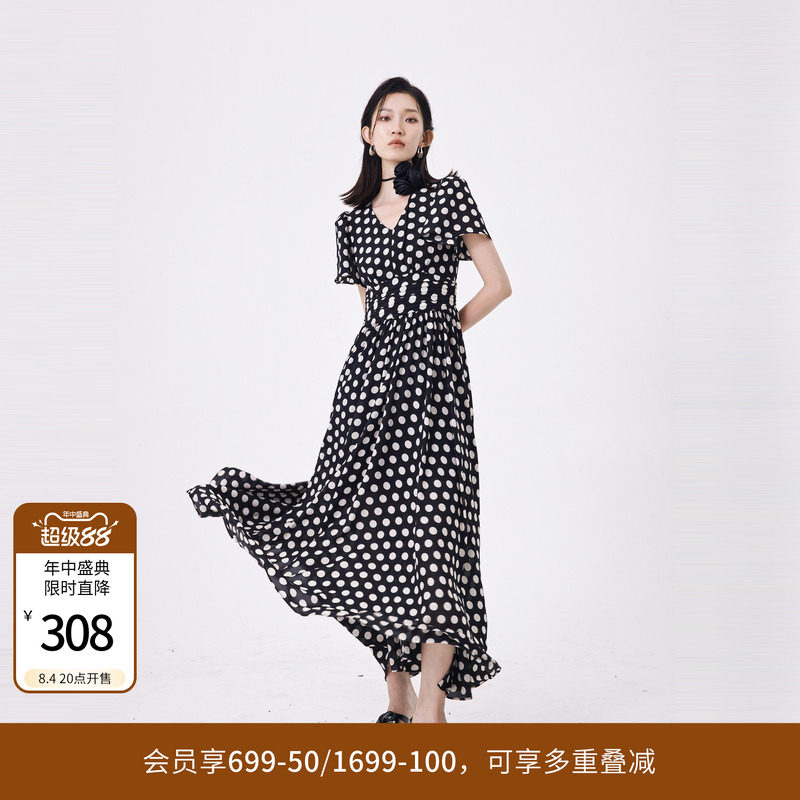 婉甸夏季黑白大波点短袖连衣裙1242N30RS3