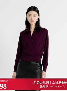 婉甸2025年秋季新品酱紫色毛织套头V领上衣针织衫1243W23DM4