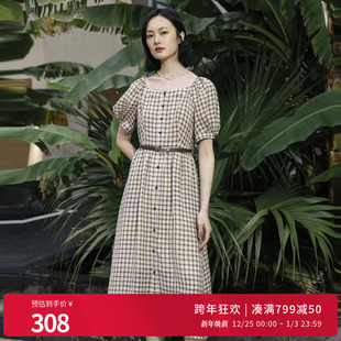 连衣裙1242N25RS2YX 米咖格纹短袖 婉甸2025夏季 新品