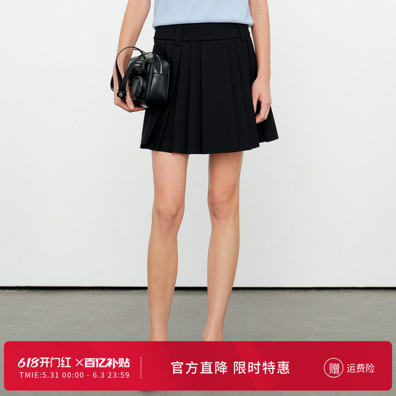 婉甸2026夏季新品黑色压褶短裙百褶裙修身型中腰半身裙1252K02ST1