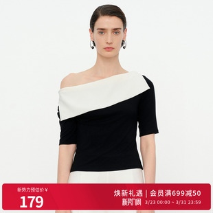 修身 黑白色拼接短袖 型一字领女士T恤1252T09JD3 新品 婉甸2026夏季