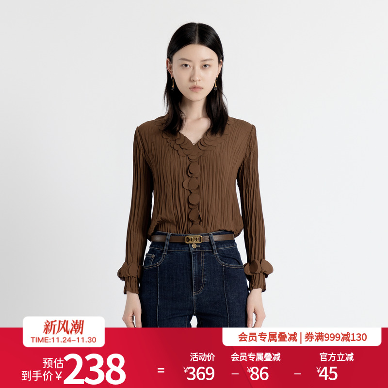 坚果棕色花瓣套头上衣