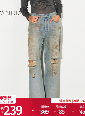 婉甸25新品脏浅蓝复古脏脏水洗牛仔长裤MBD1R03LCXU3