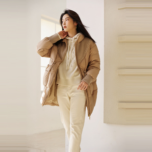 【昕怡粉丝专享】婉甸婉甸冬鸭绒杏仁色中长款羽绒服型外套