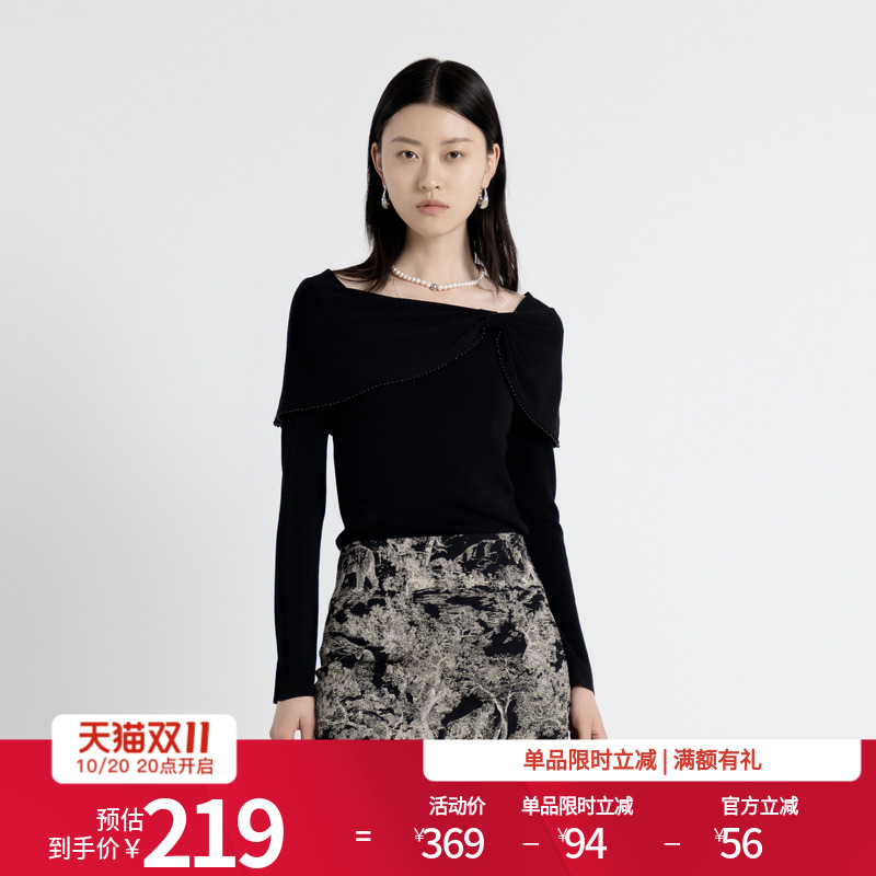 婉甸2025年秋季新品设计感斜肩上衣珍珠边毛织套头衫1243W11RJ3