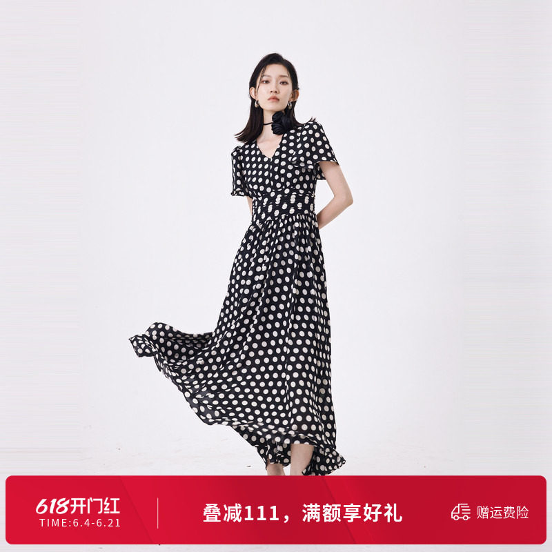 婉甸夏季黑白大波点短袖连衣裙1242N30RS3