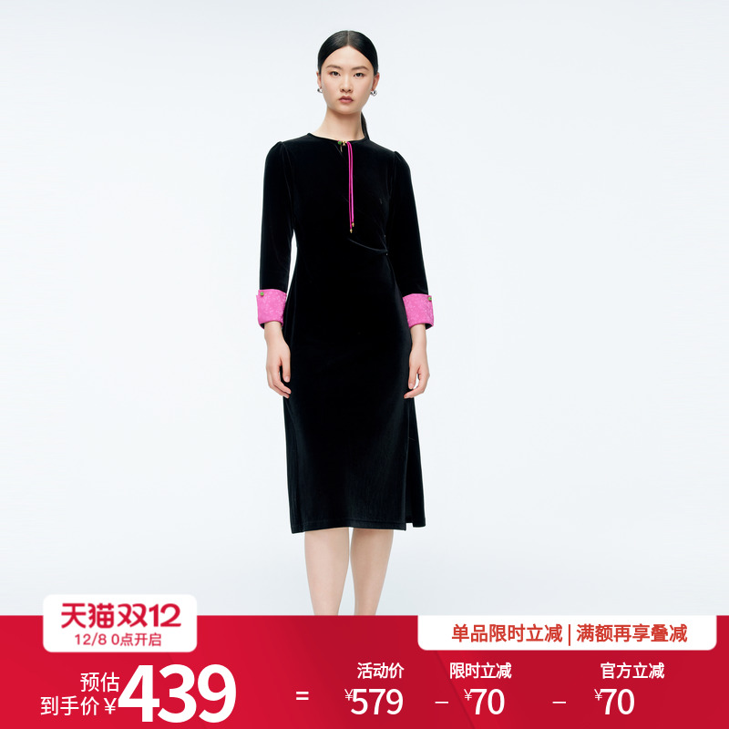婉甸2025年冬季新品黑色拼接丝绒优雅连衣裙1244N01DM1