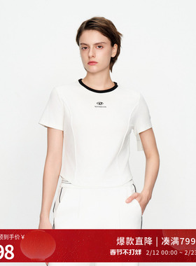 婉甸2025黑色/白色撞边领短袖T恤百搭风上衣1241T05SM4