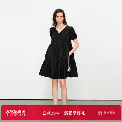 婉甸夏季黑色/克莱茵蓝短袖连衣裙1242N61SX2