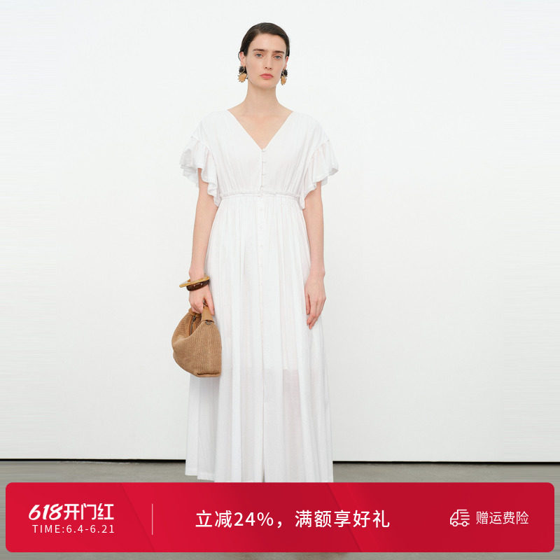 婉甸2026夏季新品云白色短袖连衣裙优雅长裙收腰A字裙1252N44HD5