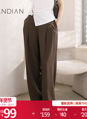 婉甸棕褐色阔腿裤夏季新品腰间交叉前片折叠直筒裤1232P16RS2