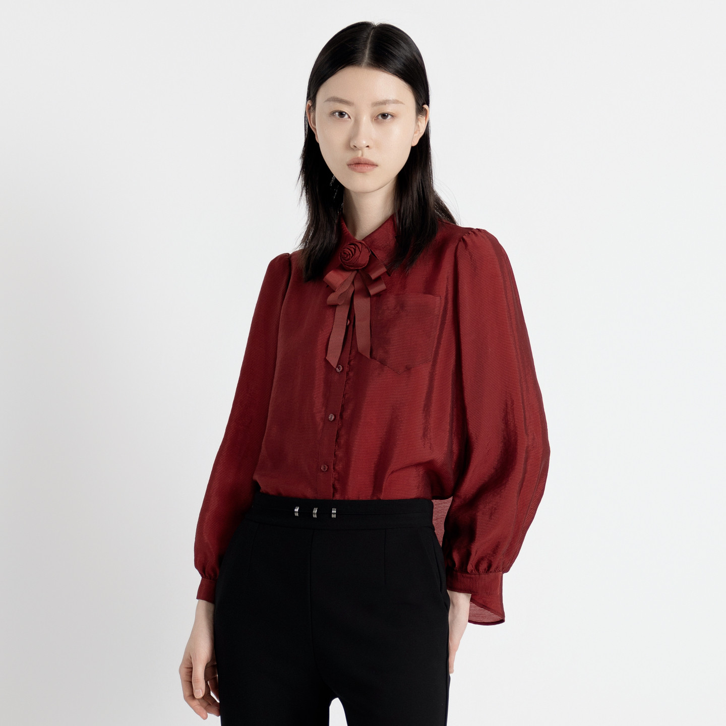 婉甸秋季新品石榴红/茶棕色立体玫瑰领结气质长袖衬衫1243S10RJC