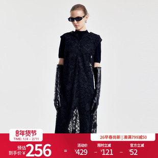 婉甸2026春季新品黑色立体绣花X型无袖微透古典连衣裙1251N03ZY1