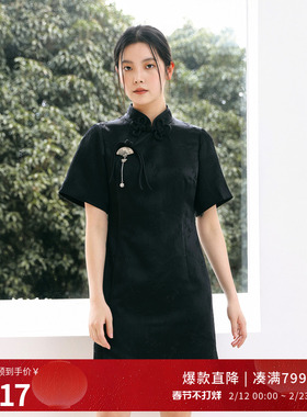 婉甸2025年秋季新品黑色盘扣黑丝绒旗袍领气质连衣裙1243N02RS1YX