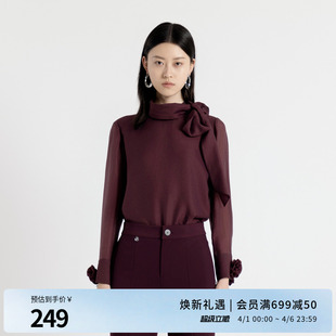 喇叭袖 上衣1243H11DM4 套头蝴蝶结钉珠立领蕾丝衫 婉甸2025年秋新品