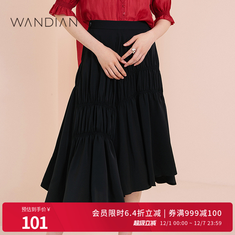 婉甸黑色抽褶不对称伞裙半身裙