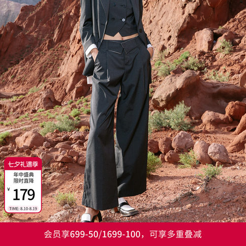 婉甸深灰条纹休闲阔腿裤
