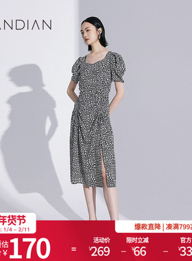 婉甸黑底碎花短袖连衣裙夏季新品宫廷风泡泡袖抽皱1232N33RJ3