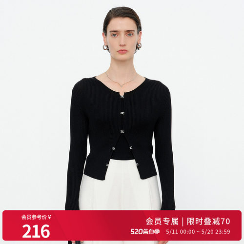 黑色圆领毛织开衫