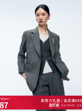 婉甸2025年冬季新品杂花灰提花复古阔版西装外套1244Q02GS1