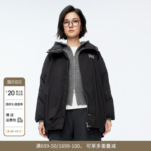 婉甸冬季黑色中长款连帽女外套羽绒服1244D38GS3