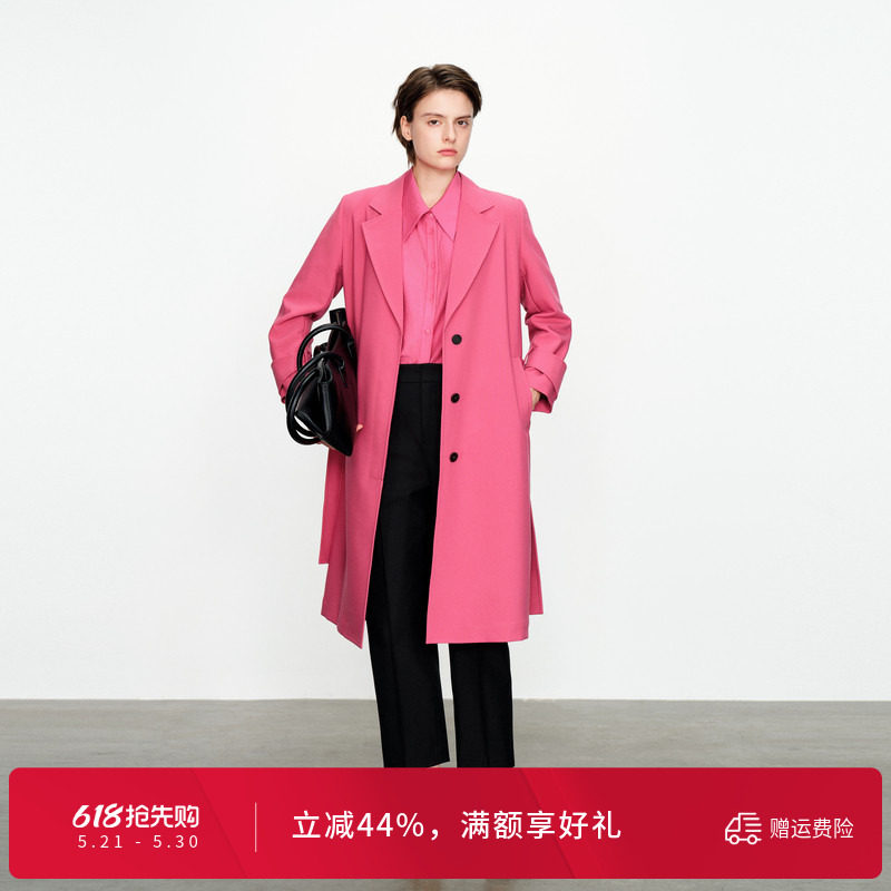 婉甸玫红长款风衣优雅风外套1241B01DY1