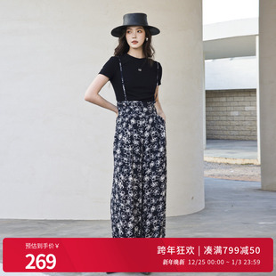 直筒裤 婉甸2025夏季 长款 黑白蝴蝶花背带阔腿裤 1242P13RS2 新品