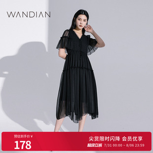 新品 婉甸黑色順紆縐連衣裙夏季 V領(lǐng)綁帶荷葉邊蛋糕裙1232N18RJ3
