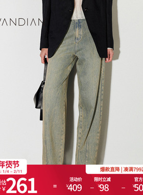 婉甸25新品复古水波牛仔蓝长裤复古水波纹牛仔MBD1R01DHXU0