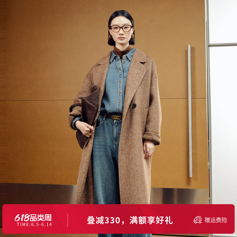 婉甸冬季棕榈咖双面呢大衣女毛呢外套长款1244C09ZY2