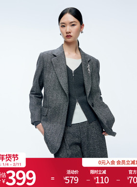 婉甸2025年冬季新品杂花灰提花复古阔版西装外套1244Q02GS1