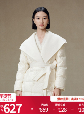 婉甸2025年冬季新品奶油白双面呢拼接系带中长女羽绒服1244D09ZY2