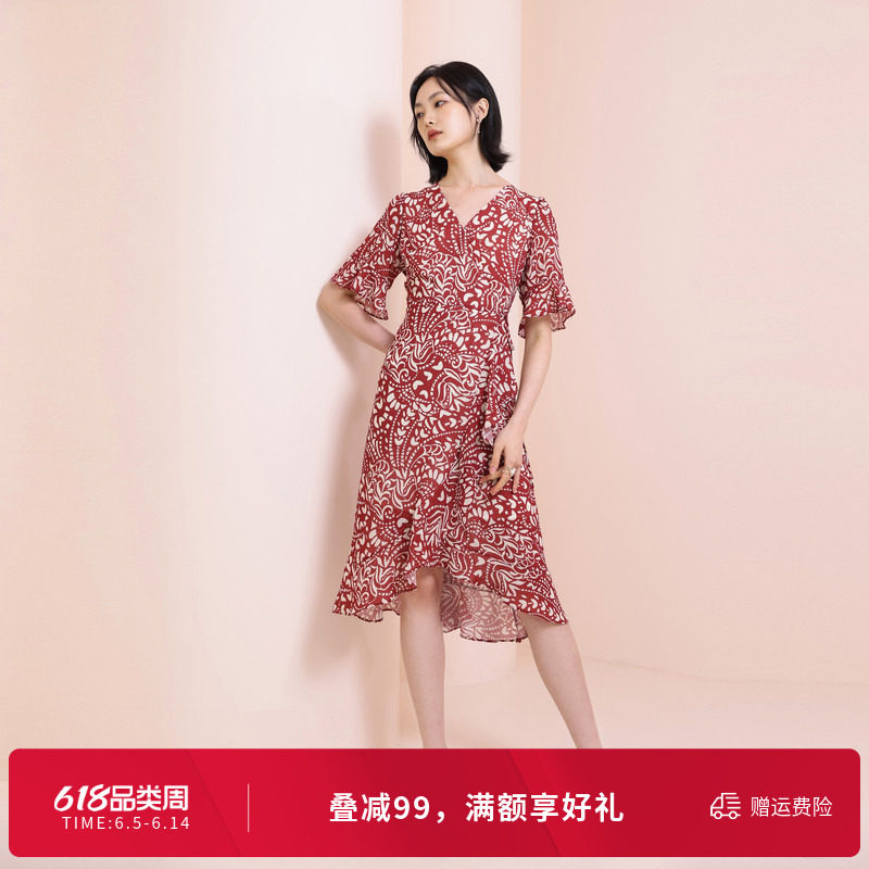 婉甸夏季花火红色短袖连衣裙1242N43RJ3YX