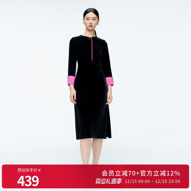 婉甸2025年冬季新品黑色拼接丝绒优雅连衣裙1244N01DM1