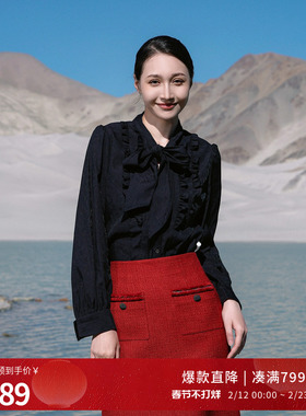 婉甸2025黑色长袖衬衫瑞丽风H型系带蝴蝶结1241S03XJ1