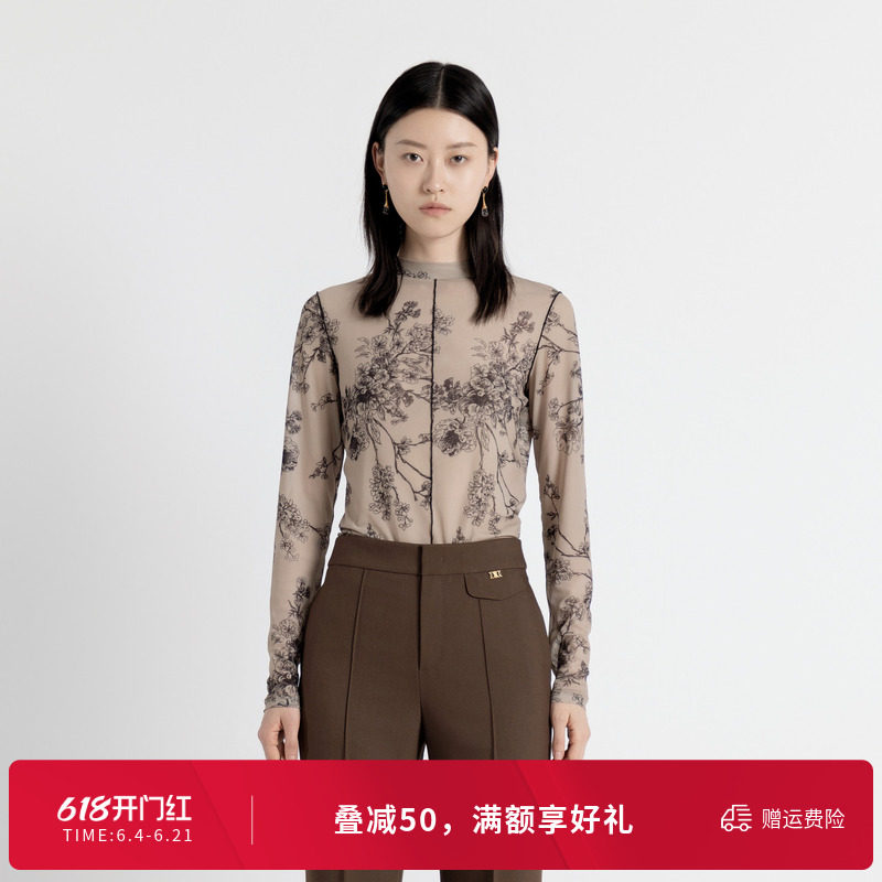 婉甸秋季摩卡色秘境花园网纱套头衫1243I02MD3