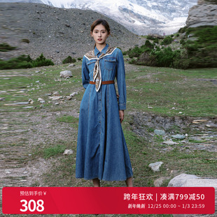 婉甸2025丹宁蓝牛仔连衣裙优雅风1241N12RX3