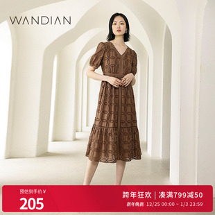 复古重工绣花收尾鱼摆1232N19RS2 新品 婉甸深遂棕短袖 连衣裙夏季