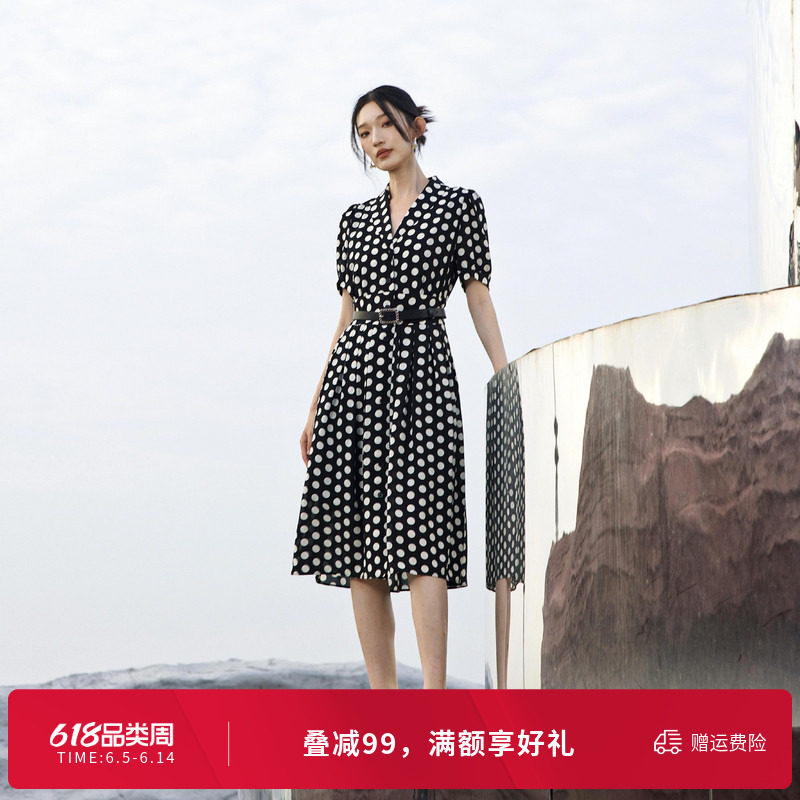 婉甸夏季黑白大波点短袖连衣裙1242N84RS3
