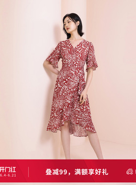 婉甸夏季花火红色短袖连衣裙1242N43RJ3YX