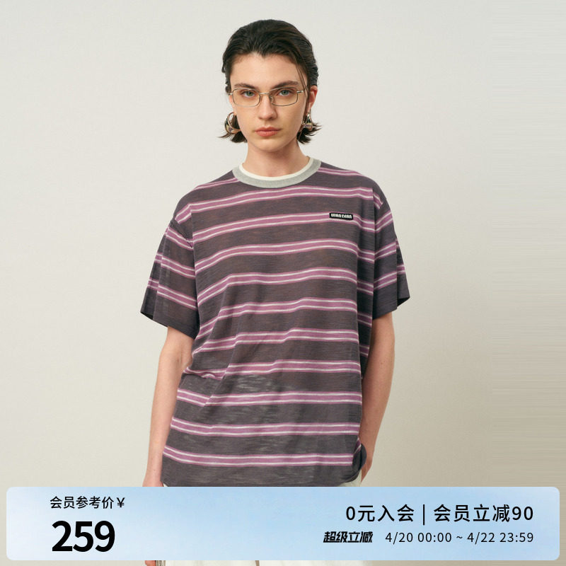 婉甸2026夏季新品紫灰条纹宽松毛织短袖休闲风套头衫1252W31DXDS1