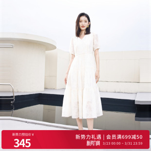 婉甸2025夏季 米白水溶绣V领连衣裙1242N64QY5 新品