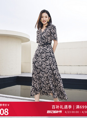 婉甸夏季黑白玫瑰花短袖连衣裙1242N79XD5