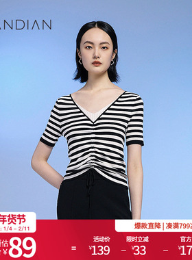 婉甸黑白条纹毛织套头衫V领抽绳拼接针织衫1232W08SX1