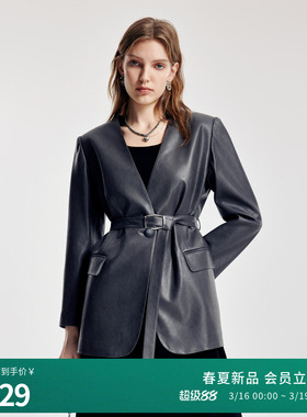 婉甸2026春季新品大象灰V领中长款西装H型系腰带皮外套1251Q03GX2