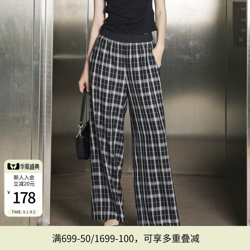 婉甸夏季黑色格形阔腿裤长款休闲裤1242P03SX1图片